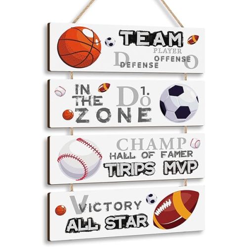 HLNIUC Sport Themed Wall Decor,Football Wood Sign(3.5"x12"),Inspirational Never Give Up Wooden Sign,Basketball Wood Hanging Wall Art for Boys Kids Room Playroom Nursery Decor(Simple Style)