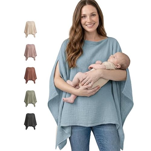 Konssy Muslin Nursing Cover for Breastfeeding, 360° Full Privacy Breathable 100% Cotton Breastfeeding Cover, Multi-use Carseat Canopy(Blue)