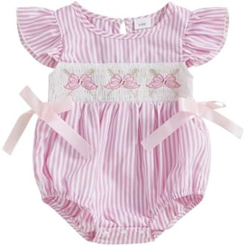 Infant Girl Smocked Baseball Romper Newborn Baby Summer Clothes Embroidery Bow Fly Sleeve Bodysuit Tops
