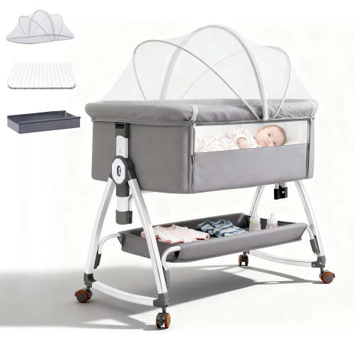 stusgo 5-in-1 Folding Baby Bassinet ,6 Height Adjustable withwith Lockable Wheels(Gray)