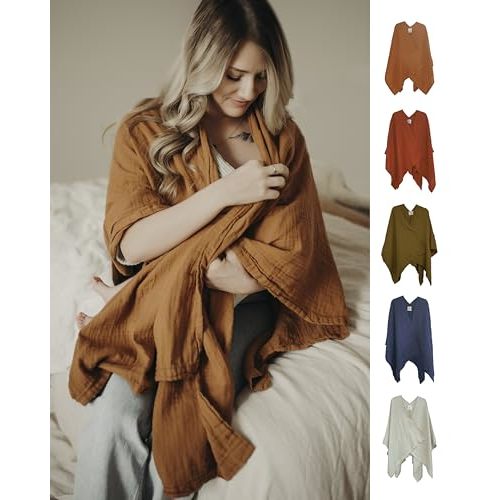 Indi by Kishu Baby GOTS Organic Muslin Nursing Cover Up for Breastfeeding, Breathable Nursing Shawl, Scarf, Privacy Nursing Cover for Breastfeeding Moms (Caramel)