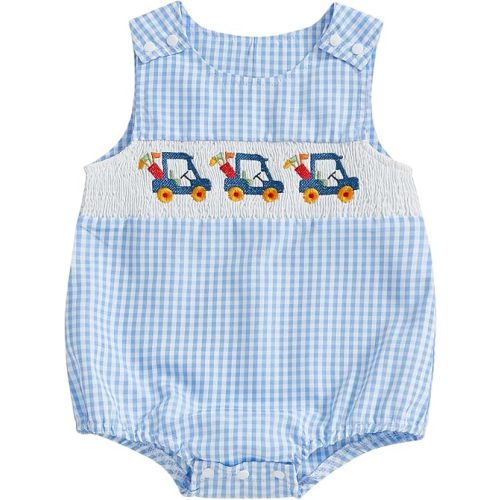 Gueuusu Baby Boy Summer Clothes Newborn Smocked Bubble Romper Embroidery in Plaid/Striped Overall Bodysuit Outfit