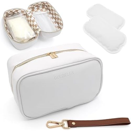 Breast Milk Cooler Travel Bag - Waterproof Breastmilk Storage Bag Cooler w/Ice Pack, Checkerboard Interior, Leather Strap, & More – Versatile Insulated Cooler Bag - Ideal Baby Travel Essentials
