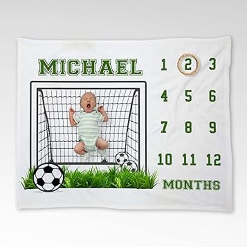 Personalized Baby Monthly Growth Marker Blanket for Boys, Soccer Baby Blanket Custom Name, Baby Monthly Growth Tracker Photo Backdrop, Nursery Decor, Newborn Baby Gifts for Newborn