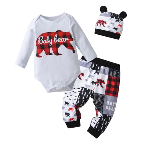 Siracend Newborn Infant Baby Boy Clothes Print Long Sleeve Bodysuit + Pants + Hat 3 PCS Outfits Set