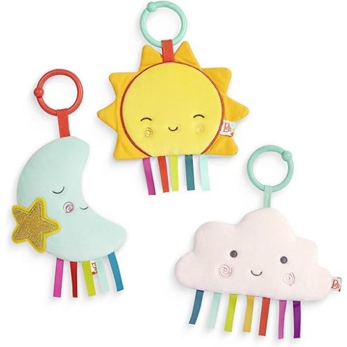 B. Baby – 3 Sensory Baby Toys – Crinkle Toys for Newborns, Infants – Hanging Toys for Car Seat, Stroller, Crib – Sun, Cloud, Moon – 0 Months + – Crinkly Wonders