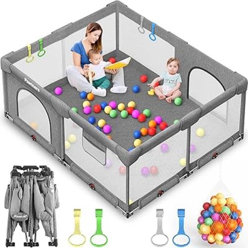 Foldable Playpen for Babies and Toddlers: 71" L x 59" W x 27" H, Large Kids Play Yard, Portable for Indoor and Outdoor Play Area, Baby Gate With 50PCS Ocean Ball, 4 Handles