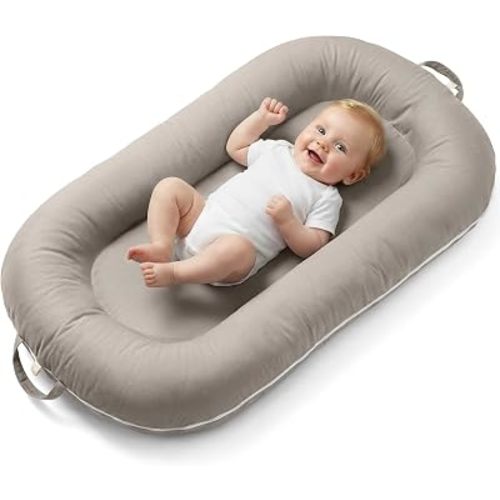 Newborn Lounger Pillow, Infant Support Cushion with Breathable Mesh & Detachable Toy Arch, Portable Floor Lounger for Play/Travel, Machine Washable Cover (Medium Gray)