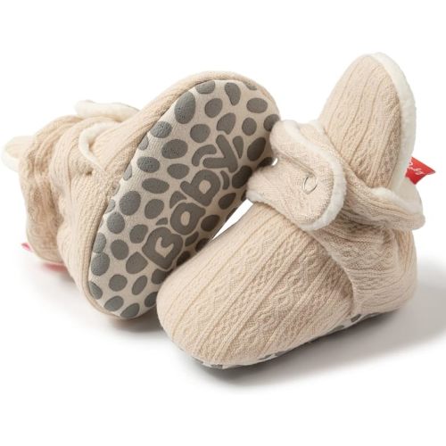 HsdsBebe Unisex Newborn Baby Cotton Booties Non-Slip Sole for Toddler Boys Girls Infant Winter Warm Fleece Cozy Socks Shoes - 0-6 Months Infant - A01/Knit Cotton Apricot