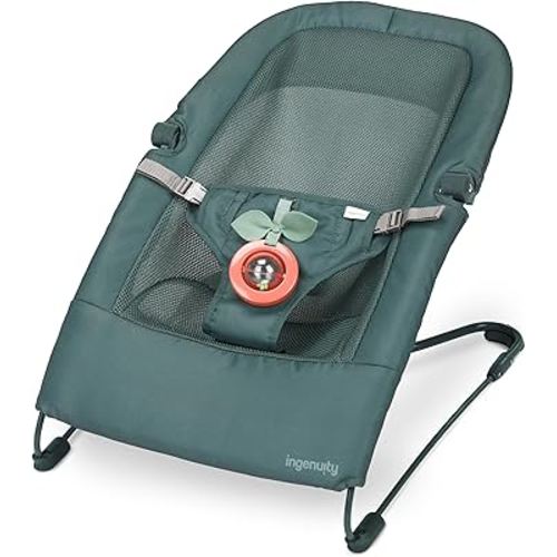 Ingenuity Stow & Go Compact Folding Baby Bouncer, Lightweight Portable Seat with Vibration, Green, Under 5 lbs