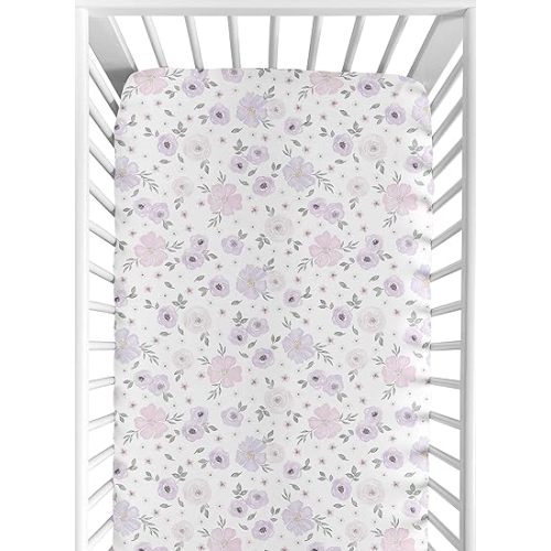 Sweet Jojo Designs Floral Girl Jersey Stretch Knit Baby Fitted Crib Sheet for Soft Toddler Bed Nursery - Lavender Purple, Pink and Grey Boho Shabby Chic Rose Watercolor Flower