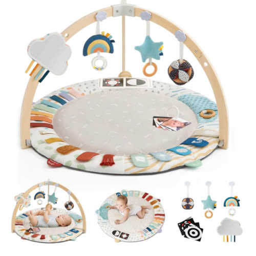 Blissful Diary Baby Play Gym & Activity Mat, 5 Developmental Zones Wooden Tummy Time Mat with 6 Detachable Sensory Toys for Motor Skills & Sensory Development, Baby Essentials Shower Gift