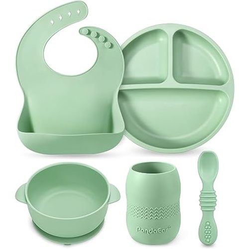 PandaEar Silicone Baby Feeding Set 6-12 Months| Baby LED Weaning Supplies| Infant Toddler Feeding Set| Silicone Baby Bib + Baby Plate with Suction + Baby Cup + Baby Bowls and Spoon First Stage Set