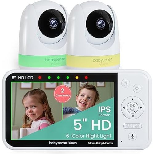 Babysense Prisma Baby Monitor with Camera and Audio, 5” HD Video Baby Monitor with 2 Cameras, 6-Color Night Light, Split Screen, Sound Machine with White Noise & Lullabies, Secure No WiFi