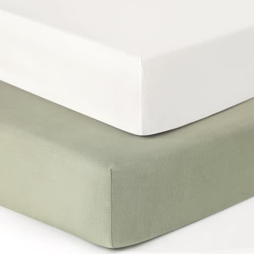 GRSSDER Jersey Crib Sheets for Boys and Girls, Stretchy Ultra Soft Crib Fitted Sheets Set 2 Pack, Universal Fit All Standard Crib Mattress Pads Safe and Snug, Natural White/Sage