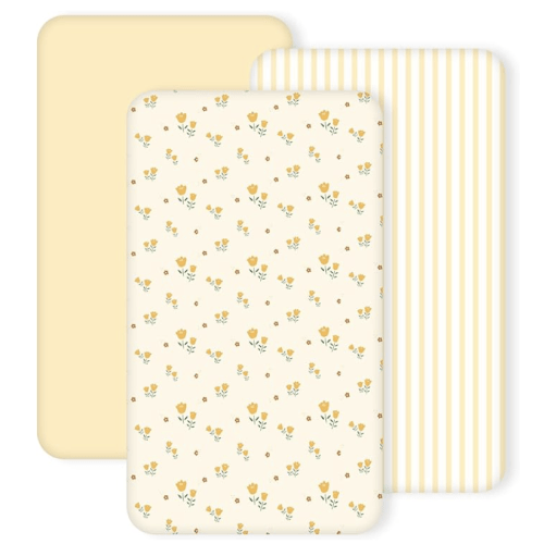 3 Pack Crib Sheets for Girls – Fitted Crib Sheets for Standard Crib Mattress and Toddler Mattress, Ultra Soft Breathable Washable Polyester, 28x52inch, Yellow & Flower