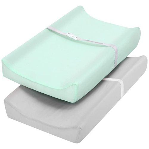 TILLYOU Changing Pad Cover Set in Soft Jersey Material - Fits 32"/34''x16 Contoured Pad for Babies, Lt Green & Lt Gray