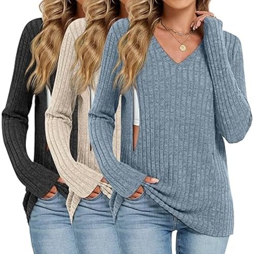 3 Pack Women's Maternity Nursing Tops, V Neck Breastfeeding Sweaters Long Sleeve Hidden Zipper Shirts