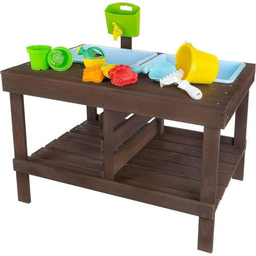 Sand and Water Table for Toddlers | Outdoor Wooden Sensory Sand Table with 2 Plastic Bins, Built-in Water Tap and Beach Toys Included | Sand & Splash Oasis™ Standing Play Activity Table