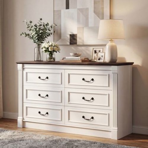 6 Drawers Dresser for Bedroom, Farmhouse 48" Wide Chest of Drawers with Roman Column, Large Storage Organizer for Bedroom, Living Room, White
