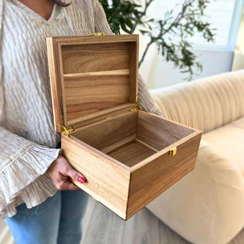 Acacia Wood Keepsake Box with Hinged Lid - Large Decorative Storage