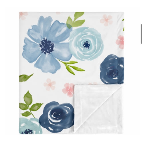 Watercolor Floral Navy Blue and Pink Collection Baby Blanket