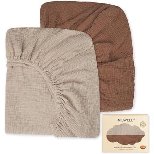 2-Pack Soft Muslin Cotton Crib Sheets, Fitted for Standard Crib Mattress (52"x28"), Breathable & Gentle Baby Bedding (Grey & Brown)