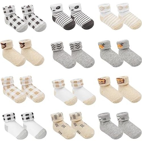 Baby Socks w/Grippers 0-6 & 6-12 Months | Safe Walking Non-Slip Sole | Stay-In-Place Ribbed Cuffs Unisex | 12Pairs