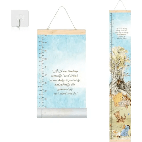 Classic Winnie Growth Chart for Kids, Removable Baby Height Chart with Wooden Frame, Wood Ruler Growth Chart for Wall Room Nursery Decor