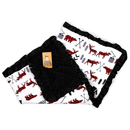 Dear Baby Gear Baby Blankets, Woodland Adventure Bear Moose Lumberjack Plaid, Minky Black, 32 Inches by 32 Inches