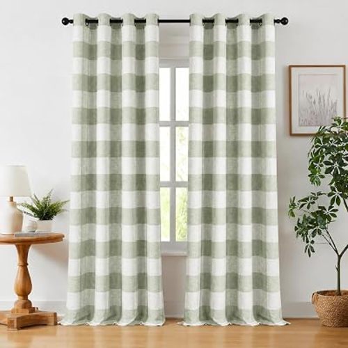 MYSKY HOME Plaid 100% Blackout Linen Curtains 63 inch Length 2 Panels Double Layer Thermal Insulated Farmhouse Rustic Gingham Drapes for Bedroom Living Room, 52" Wide Each Panel, Sage Green