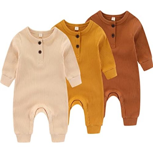 Newborn Baby Boys Girls One Piece Romper With Mitten Cuffs 3 Pack Long Sleeve Ribbed Button Jumpsuit Outfit Clothes