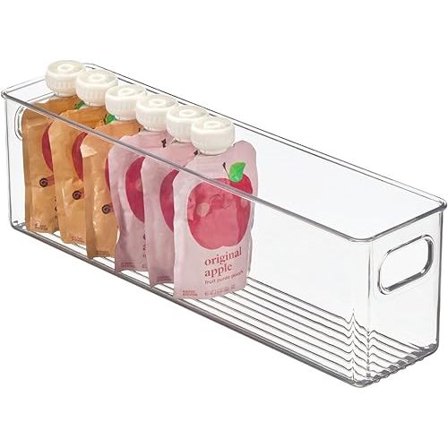 mDesign Plastic Long Stackable Storage Organizer Container, Organization Bin w/Handles for Kitchen, Pantry, Fridge, Freezer, Cabinet, Perfect to Hold Breast Milk - Ligne Collection - Clear