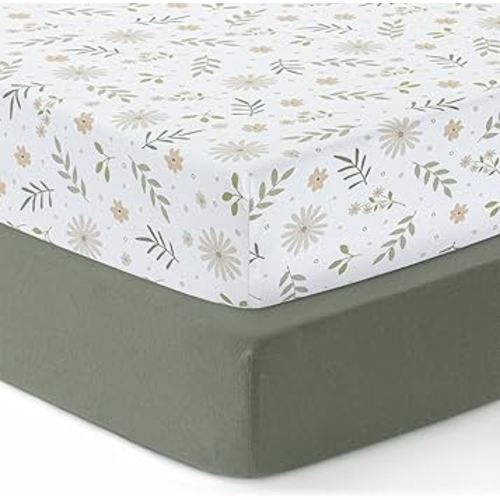 Dreamology Mini Crib Sheets Fitted,100% Cotton Crib Sheets,Super Soft, 2 Pack, Pack and Play Sheets, Mini Crib Mattress Sheets for Boys,Girls,Pack n Play Sheets,38x24 Mini Crib Sheets | Green,Flowers