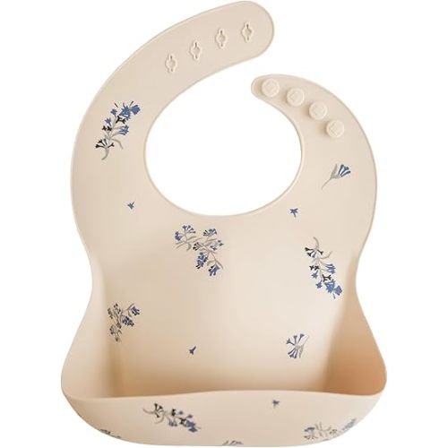 mushie Silicone Baby Bib | Adjustable Fit Waterproof Bibs (Lilac Flowers)