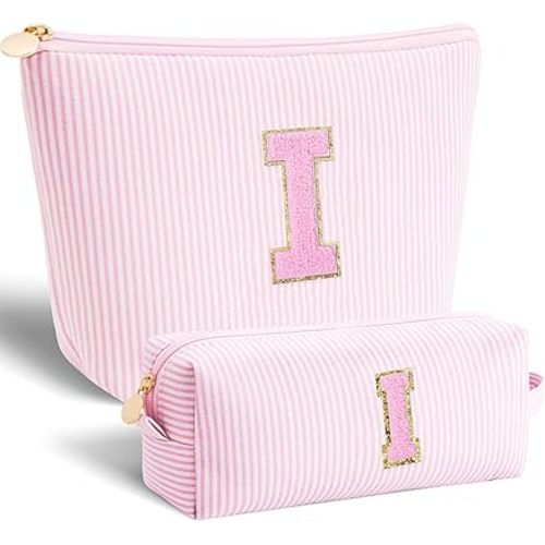 Personalized Makeup Bag for Women Girls - Fashion Cosmetic Bag Trendy Travel Toiletry Bag with Initials Letter - Teen Gifts - Pink,I