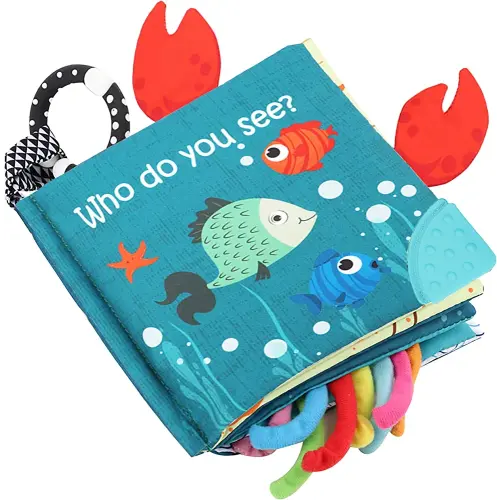 Fish Baby Books Toys, Touch and Feel Cloth Soft Crinkle Books for Babies,Toddlers Infant Kids Activity Early Education Toys, Shark Tails Teething Toys Teether Ring, Baby Book Octopus,Ocean Sea Animal