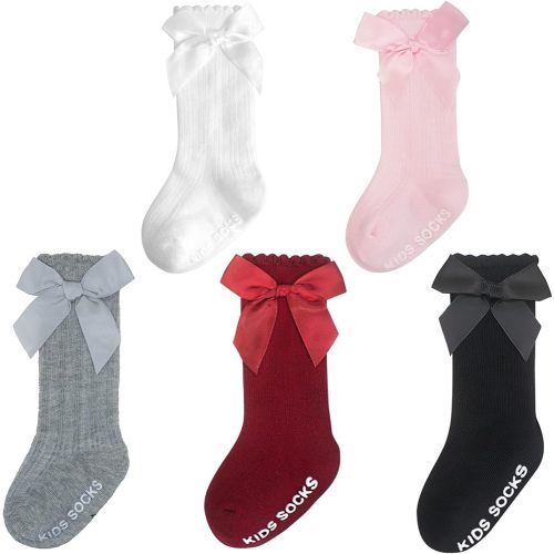 Baby Knee High Socks Girl Non Slip Toddler Stockings Cotton Bow Ruffle Newborn Long Socks Infant Dress Sock 0-6M/6-12M/1-3Y