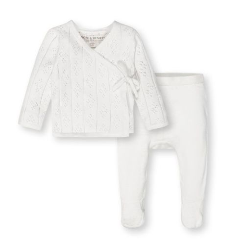 Hope & Henry Baby Organic Long Sleeve Pointelle Wrap Sweater & Footed Legging Set, Soft White Pointelle, 3-6 Months