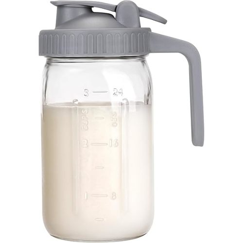 Accmor Breast Milk Pitcher, 32oz Glass Pitcher for Breastmilk, Milk Pitcher Jar with Dual Leak-Proof Design, Storage Container for Breastmilk, Juice, Cold Brew Coffee, Iced Tea, Drinks, Grey
