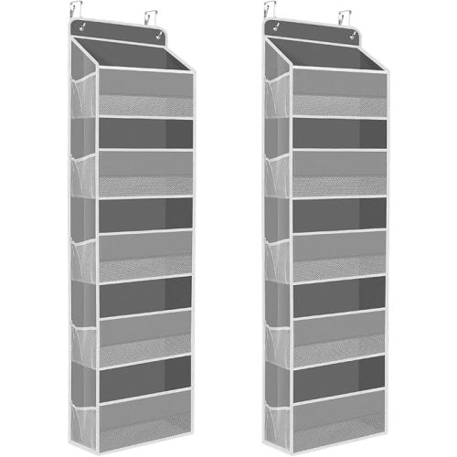 2 Pack Over The Door Organizer, Hanging Storage Organizer with Clear Window, 40lb Ultra Sturdy Large Capacity Room Organizer for Pantry Laundry Bathroom Nursery Closet (Grey)