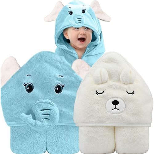 Hooded Baby Towel, Baby Towels Newborn, Baby Bath Towel with Hood, Baby Bath Towels Wrap, Blanket for Baby, Baby Beach Towel, Hooded Bath Towels for Boy and Girl, Newborn,31.5"×31.5" (White+Blue)