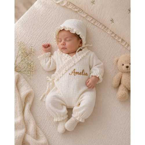 Ruffled Wrap Muslin Baby Romper, Hat and Blanket – Kimono Style –  Personalized Newborn Outfit Set