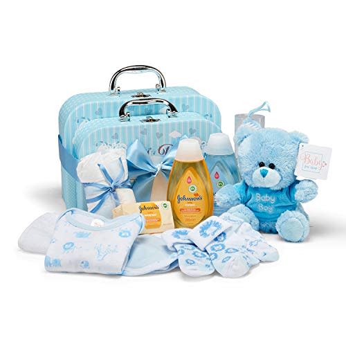 New Baby Gift Set for Newborn Boy 2 Blue Keepsake Boxes with Baby Clothes, Teddy Bear and Newborn Essentials - New Baby Gift Basket for Parents Makes a Unique Shower Gift for Boys