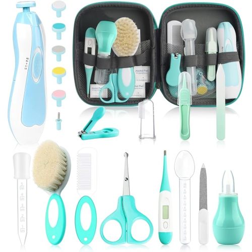 Baby Grooming Kit, Electric Safety Nail Trimmer Baby Nursery Kit，Infant Safety Care Set with Hair Brush Comb Nail Clipper Nasal Aspirator,Baby Essentials Kit for Newborn Girls Boys (25 Pc Green Kit)