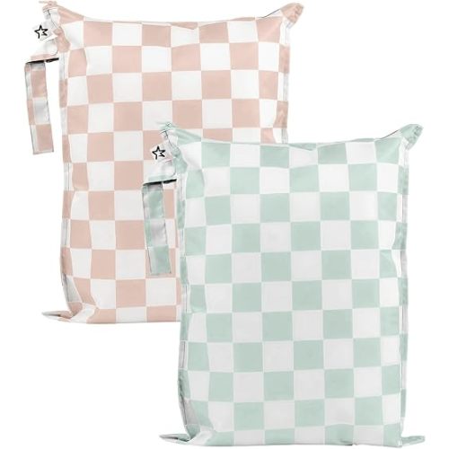 Tiny Twinkle Mess-Proof Waterproof Wet Dry Bag | 2-Pack Reusable Wet Bags for Swimsuits & Baby Clothes | Leakproof Wet Bag for Travel & Diaper Changes for Baby (Unisex Checkers)