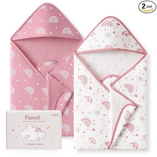 Hooded Baby Towels for Newborn,100% Cotton Baby Bath Towels with Hood for Infant Toddler Girl, 2 Pack 32x32 Inch Soft & Absorbent Knit Terry Bath Essentials Pink Rainbow
