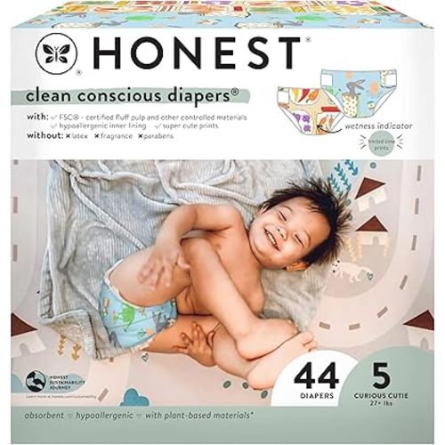 The Honest Company Clean Conscious Diapers for Sensitive Skin | Hypoallergenic, Fragrance Free | Spring '25 Limited Edition Prints | Club Box, Size 5 (27+ lbs), 44 Count