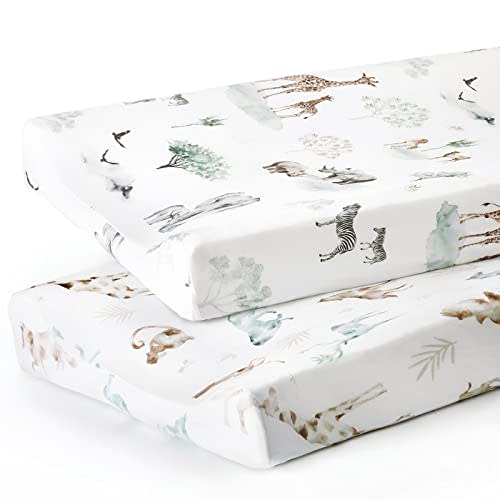 GRSSDER Stretch Ultra Soft Jersey Knit Changing Pad Cover Set 2 Pack, Change Table Pad Covers Fit 32"/34" x 16" Pads Safe and Snug, Stylish Pattern for Boys and Girls, African Savannah Animals
