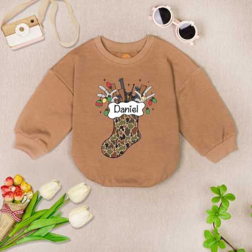 Personalized Camo Christmas Stocking Baby Romper Sweater, Hunting Christmas Baby Bodysuit, Camo Hunting Baby Romper, Newborn Outfit